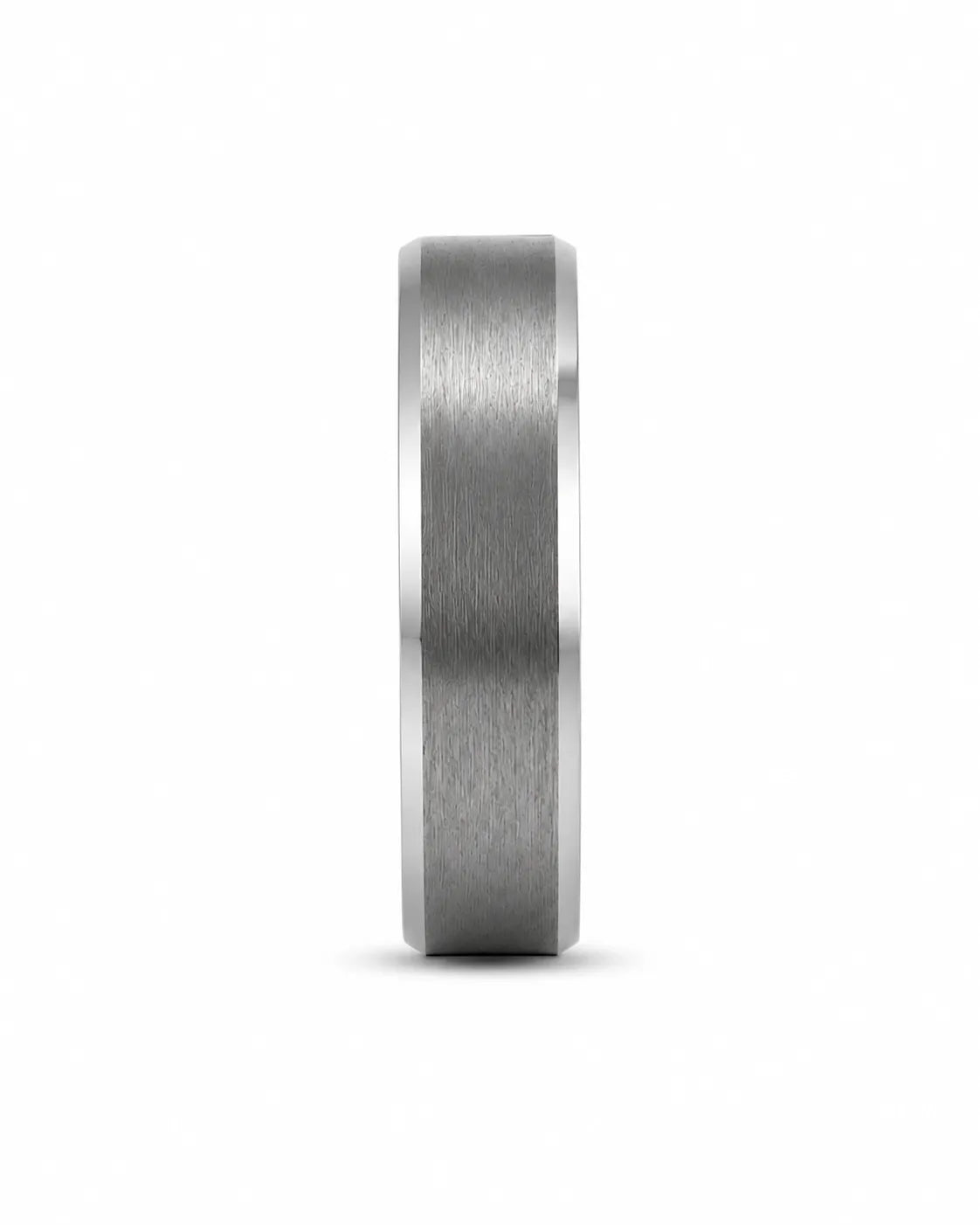 Front view of an 6mm brushed silver tungsten wedding ring with polished edges and genuine maple wood sleeve.