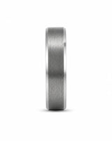 Front view of an 6mm brushed silver tungsten wedding ring with polished edges and genuine maple wood sleeve.