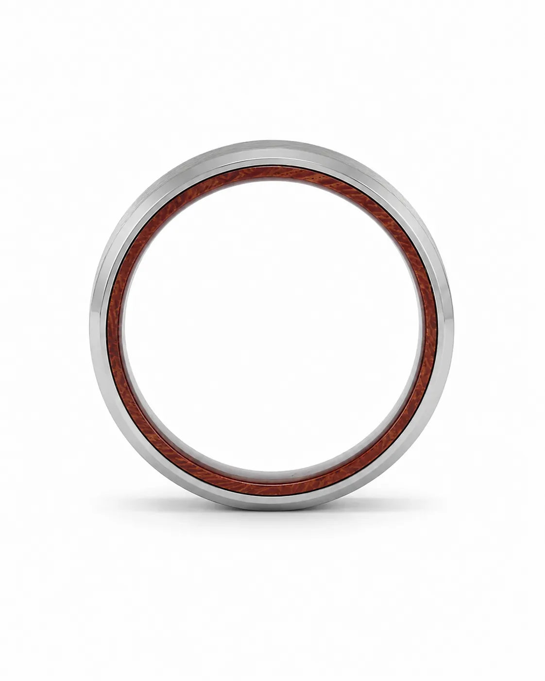Side profile of an 6mm brushed silver tungsten wedding ring with polished edges and genuine maple wood sleeve.