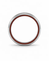 Side profile of an 6mm brushed silver tungsten wedding ring with polished edges and genuine maple wood sleeve.