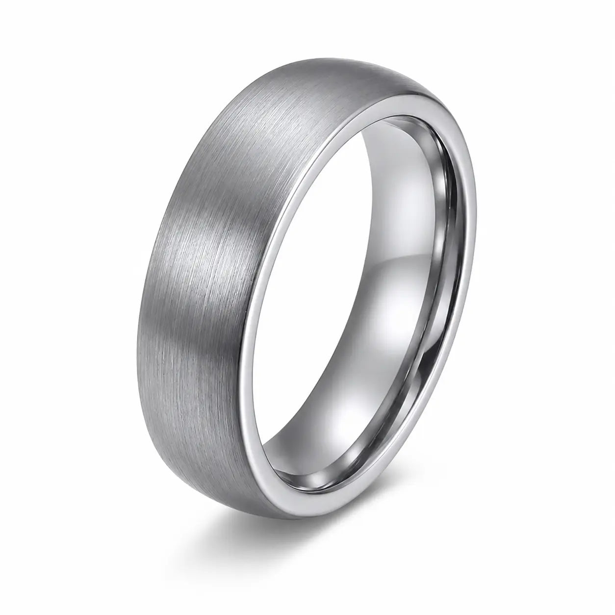6mm brushed silver tungsten wedding ring on a white background