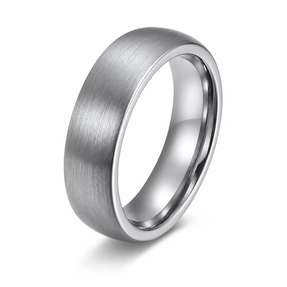 6mm brushed silver tungsten wedding ring on a white background