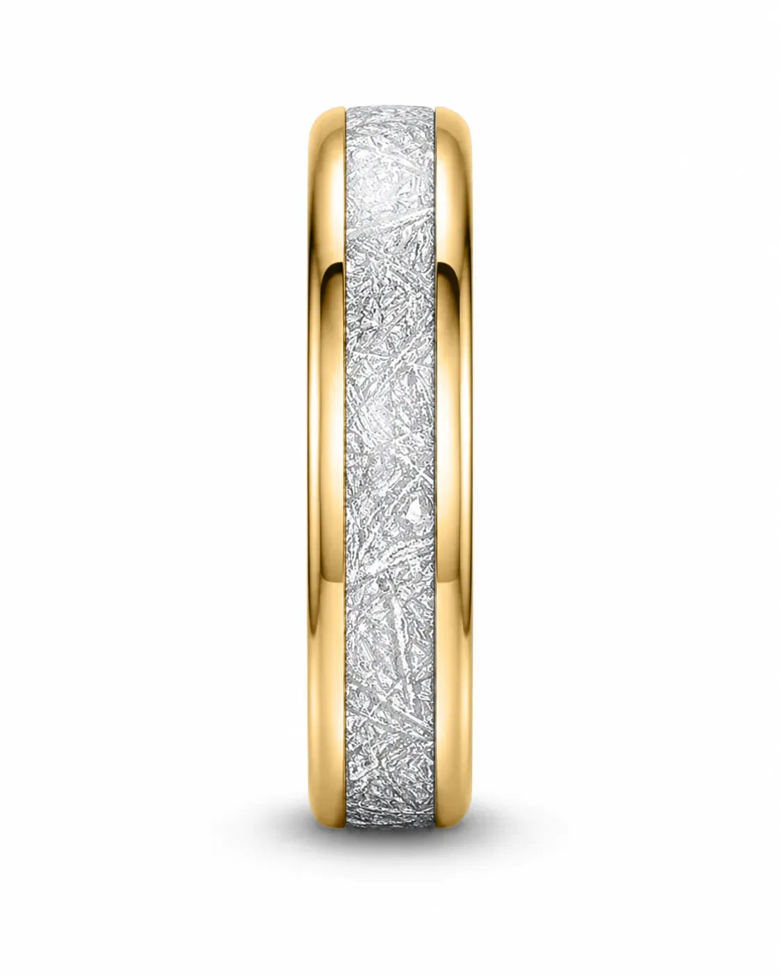 Front profile of a 6mm gold tungsten wedding ring with an imitated meteorite inlay.