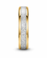 Front profile of a 6mm gold tungsten wedding ring with an imitated meteorite inlay.