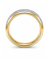 Side profile of a 6mm gold tungsten wedding ring showing the meteorite inlay and band thickness.