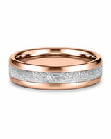 Flat view of a 6mm rose gold tungsten wedding ring with an imitated meteorite inlay and polished interior.
