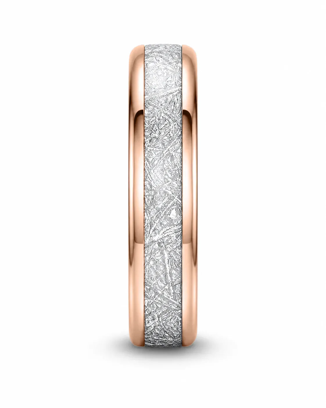 Front profile of a 6mm rose gold tungsten wedding ring with an imitated meteorite inlay.