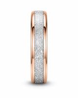 Front profile of a 6mm rose gold tungsten wedding ring with an imitated meteorite inlay.