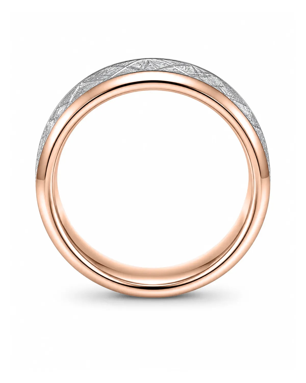 Side profile of a 6mm rose gold tungsten wedding ring showing the meteorite inlay and band thickness.