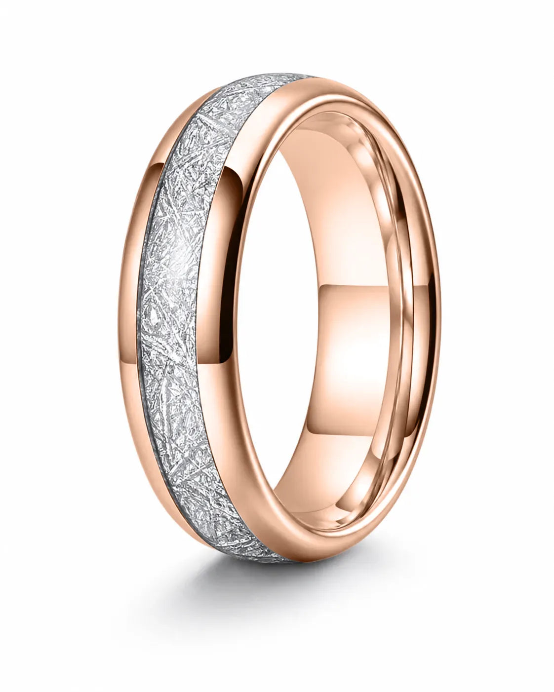 6mm rose gold tungsten wedding ring with an imitated meteorite inlay and polished comfort fit interior.