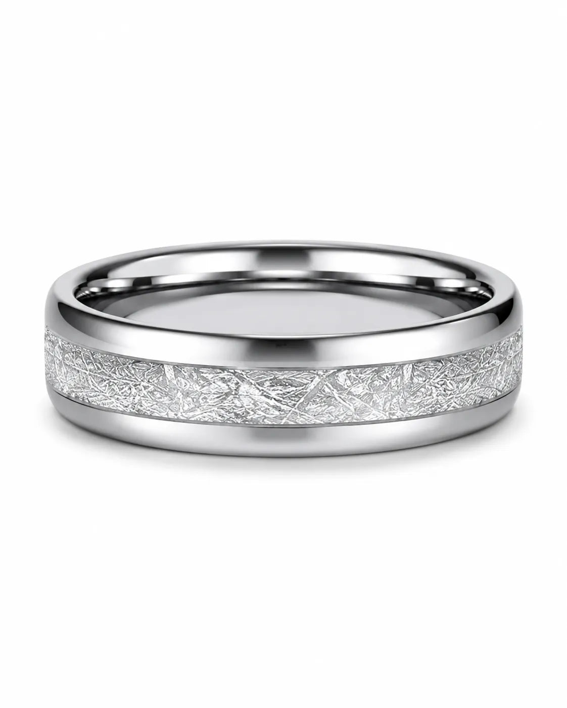 Flat view of a 6mm silver tungsten wedding ring with an imitated meteorite inlay and polished interior.