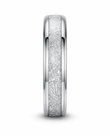 Front profile of a 6mm silver tungsten wedding ring with an imitated meteorite inlay.