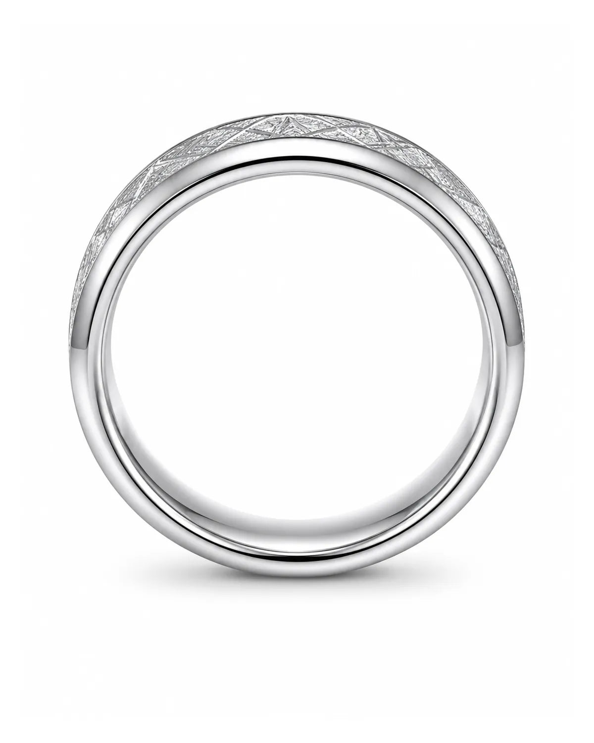Side profile of a 6mm silver tungsten wedding ring showing the meteorite inlay and band thickness.