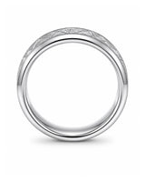Side profile of a 6mm silver tungsten wedding ring showing the meteorite inlay and band thickness.