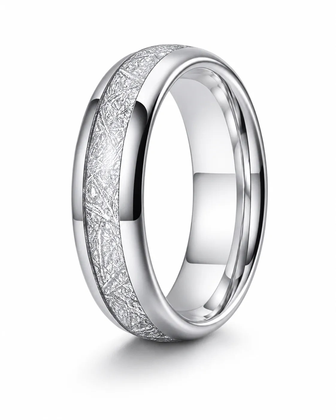 6mm silver tungsten wedding ring with an imitated meteorite inlay and polished comfort fit interior.
