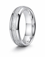 6mm silver tungsten wedding ring with an imitated meteorite inlay and polished comfort fit interior.