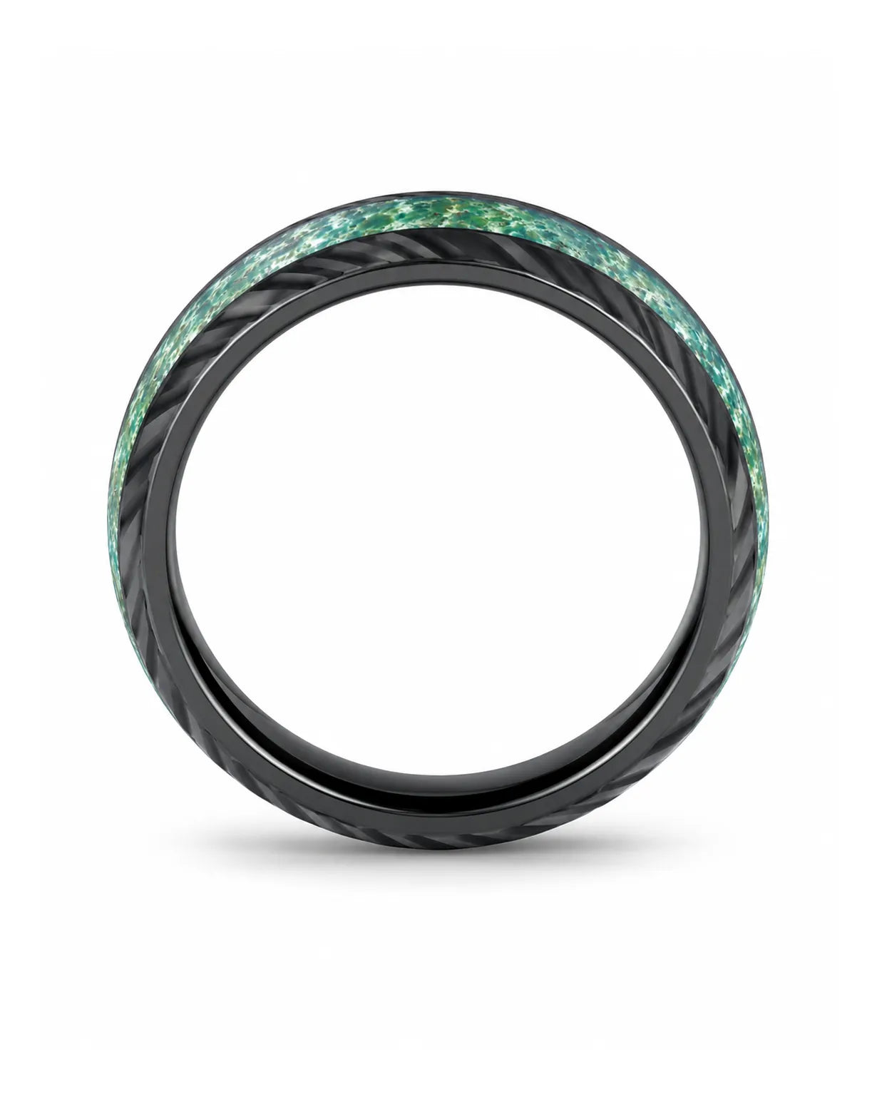 8mm Black Moss Agate Tungsten Wedding Ring with Damascus Grain