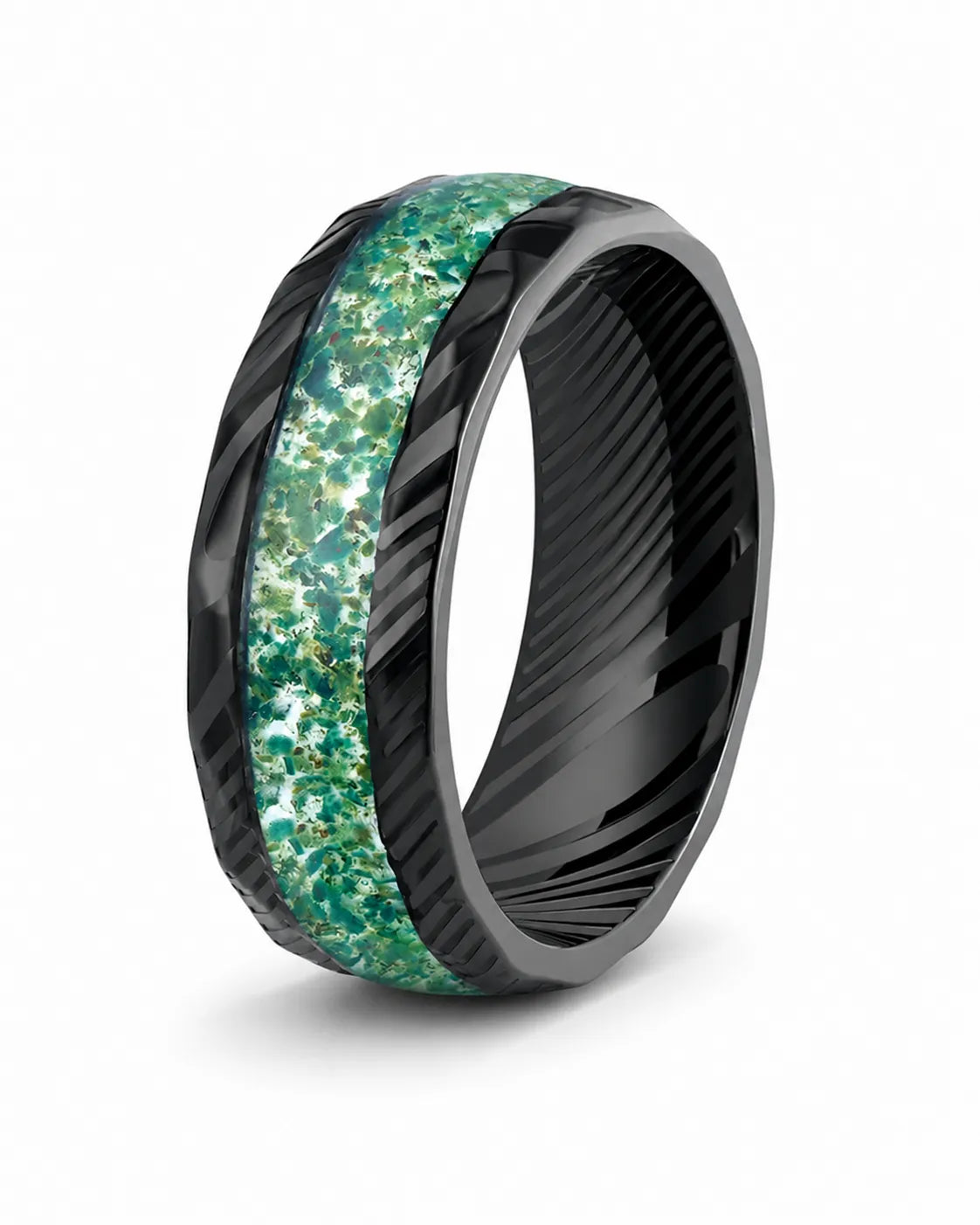8mm Black Moss Agate Tungsten Wedding Ring with Damascus Grain