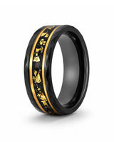 8mm Black Hammered Tungsten Wedding Ring with Gold Foil Inlay