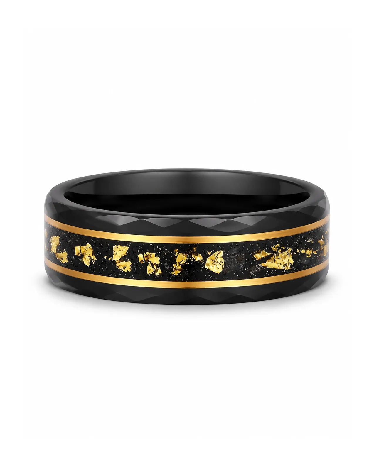 8mm Black Hammered Tungsten Wedding Ring with Gold Foil Inlay