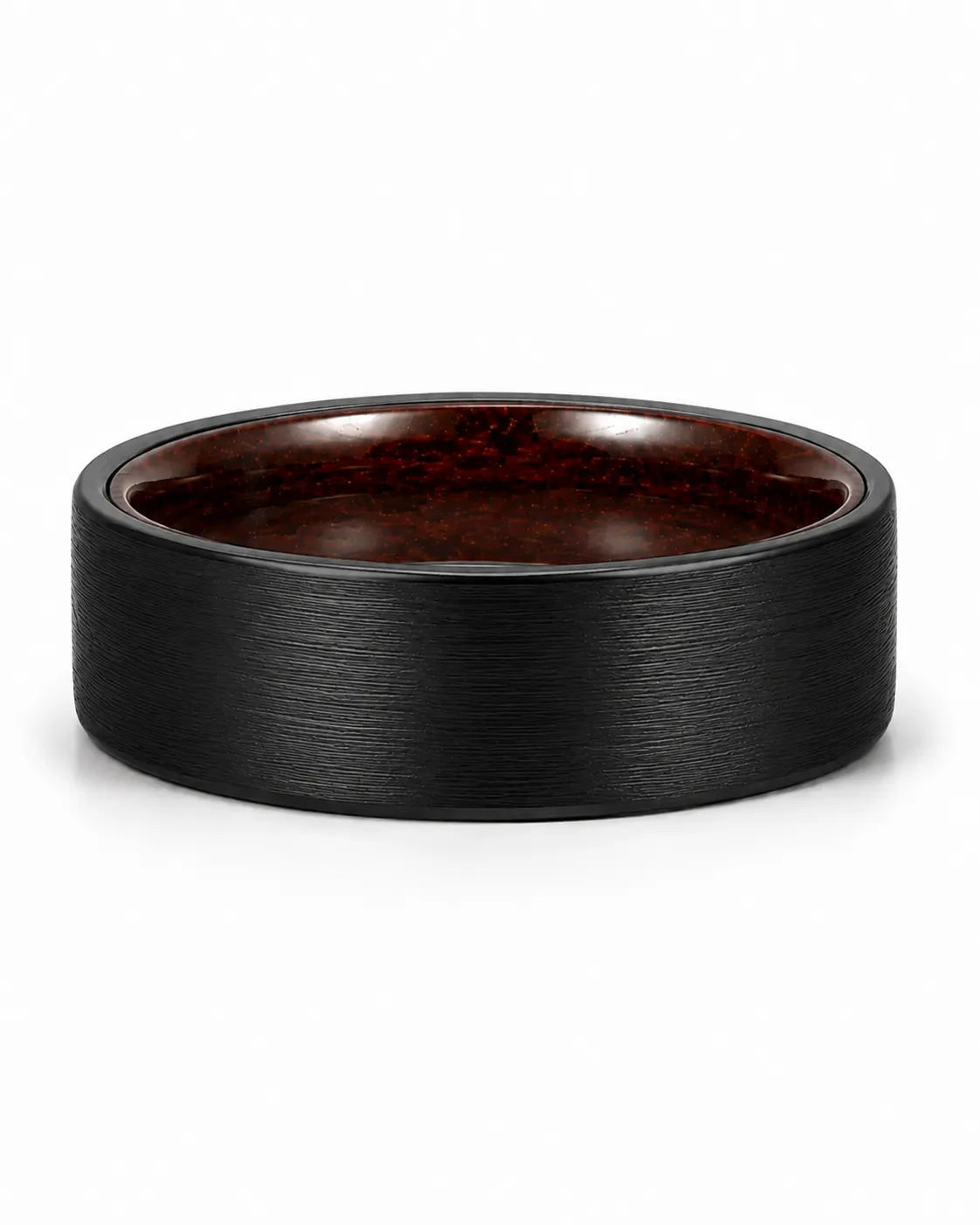 Low front view of a brushed black tungsten wedding ring with a maple wood sleeve interior.