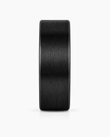 Front view of a brushed black tungsten wedding ring with a maple wood sleeve interior.