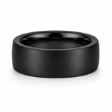 8mm brushed black tungsten wedding ring lying flat showing the brushed outer finish and polished comfort fit interior.