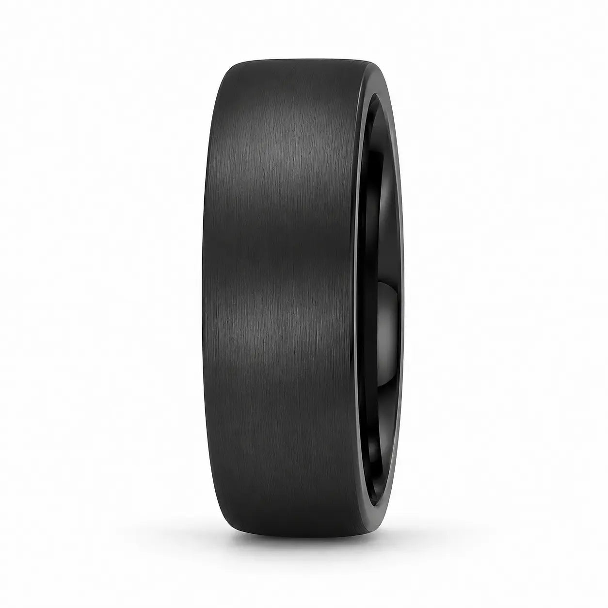 Side profile of a 8mm brushed black tungsten wedding ring showing its flat profile and comfort fit design.