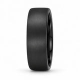 Side profile of a 8mm brushed black tungsten wedding ring showing its flat profile and comfort fit design.