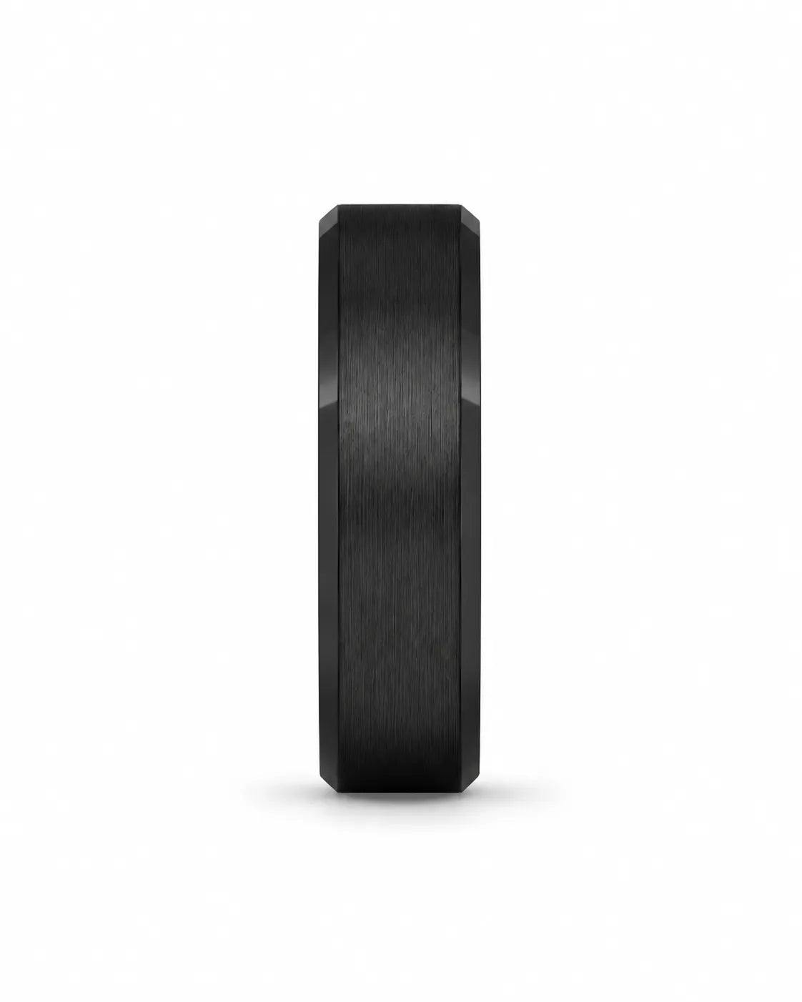 Front view of an 8mm brushed black tungsten wedding band with polished edges and maple wood sleeve interior