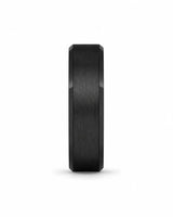 Front view of an 8mm brushed black tungsten wedding band with polished edges and maple wood sleeve interior