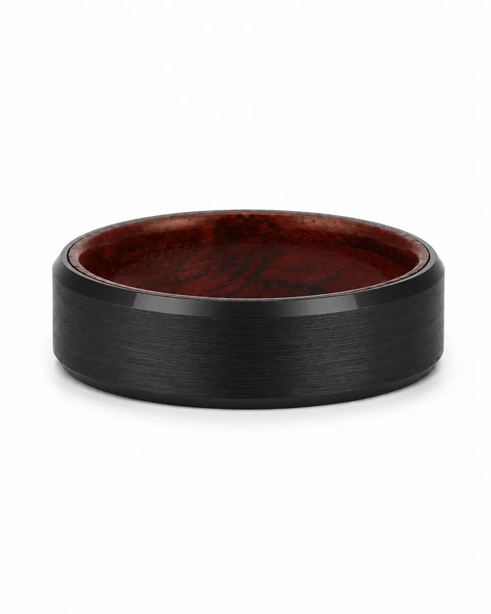 8mm brushed black tungsten wedding ring with polished edges and maple wood sleeve interior