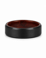 8mm brushed black tungsten wedding ring with polished edges and maple wood sleeve interior