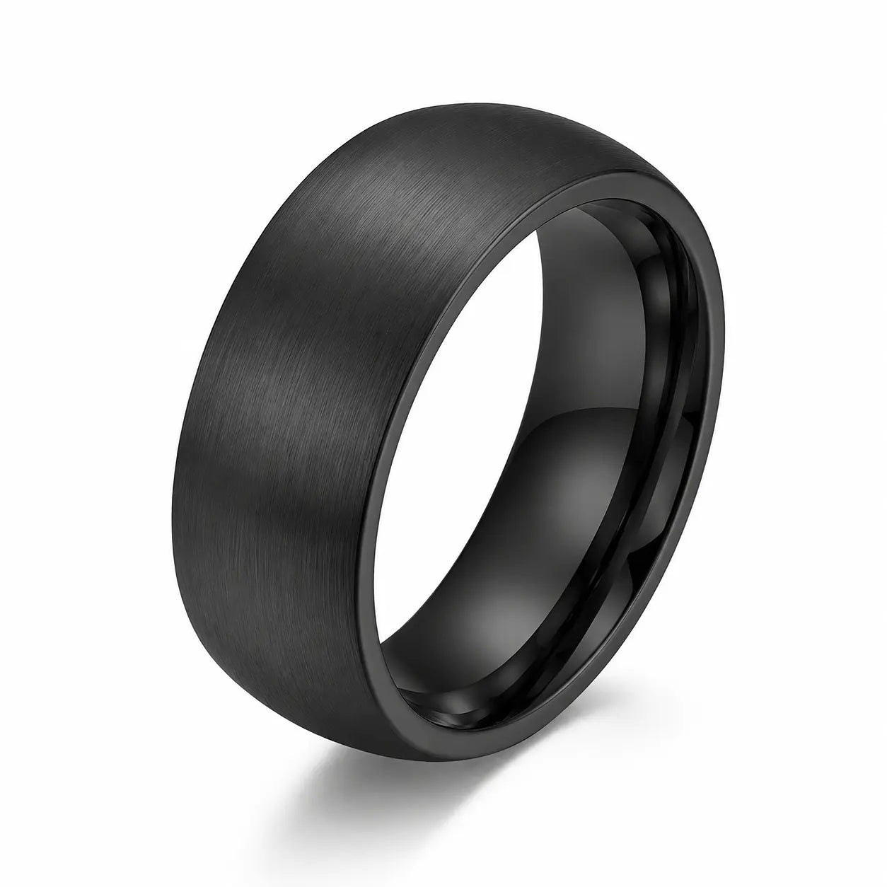 8mm brushed black tungsten men's wedding band with a matte brushed finish photographed at a 35 degree angle on a white background.