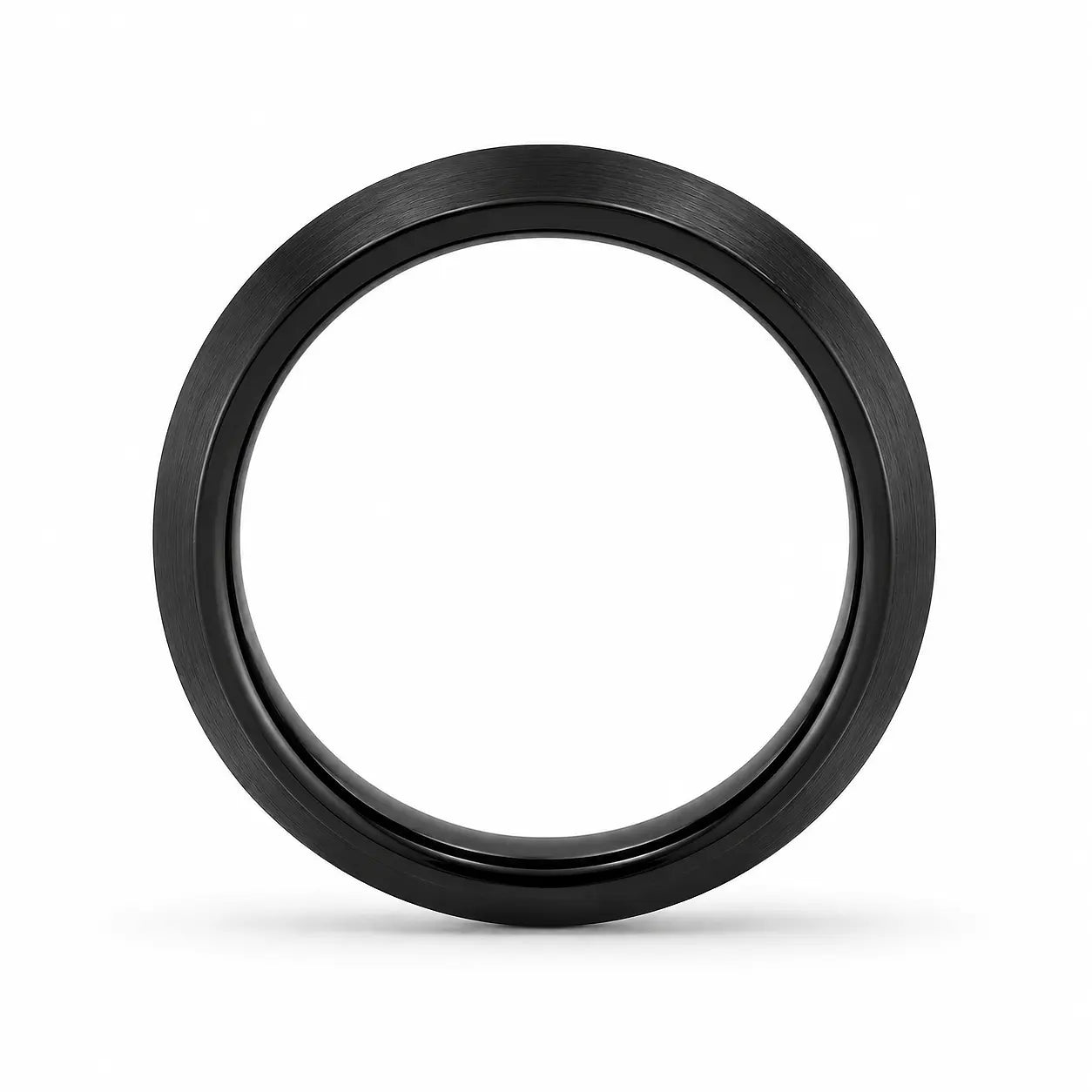 Front view of a 8mm brushed black tungsten wedding ring with a comfort fit interior on a white background.