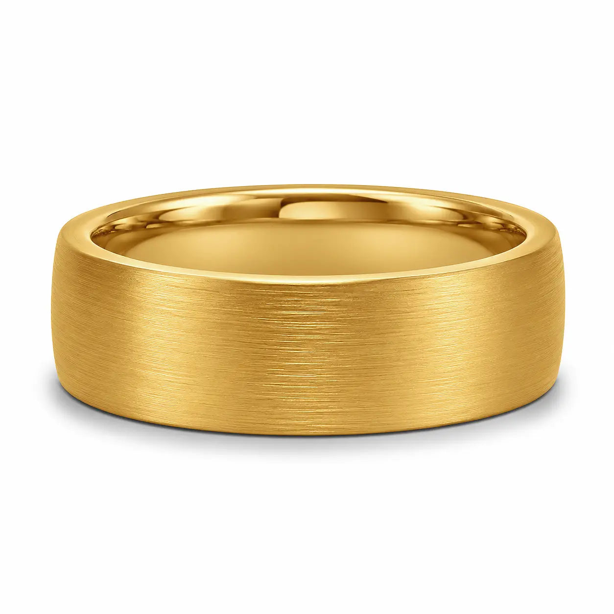 8mm brushed gold tungsten wedding ring lying flat showing the brushed finish and polished comfort fit interior