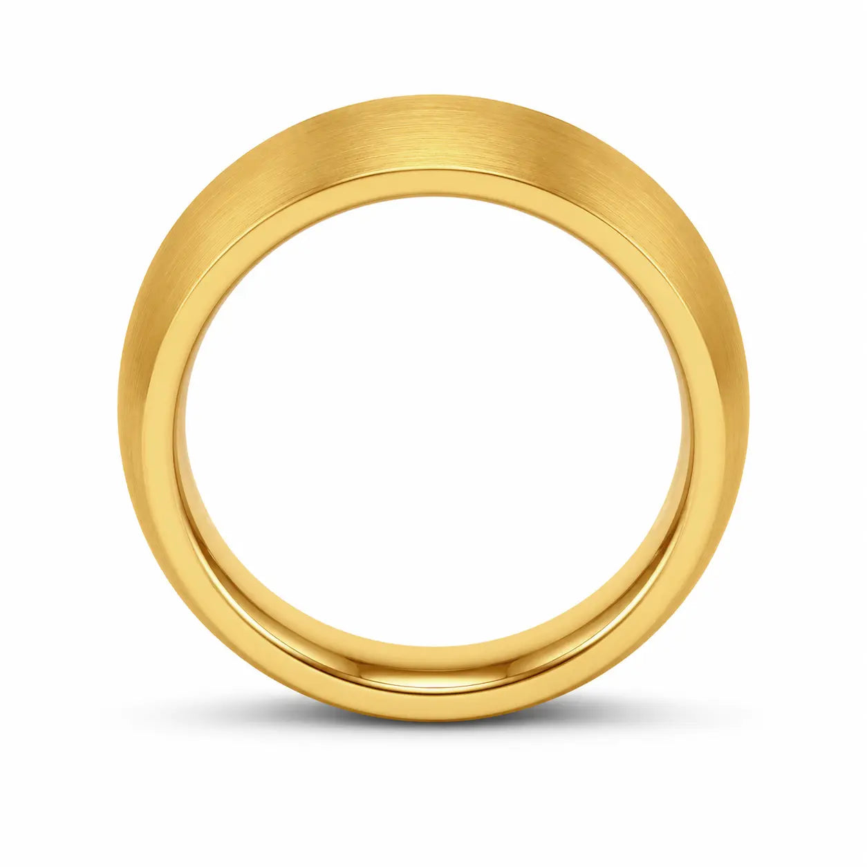 Side profile of a 8mm brushed gold tungsten wedding ring showing its comfort fit thickness