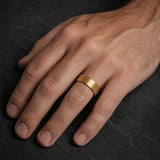 Man wearing a 8mm brushed gold tungsten wedding ring on his left ring finger
