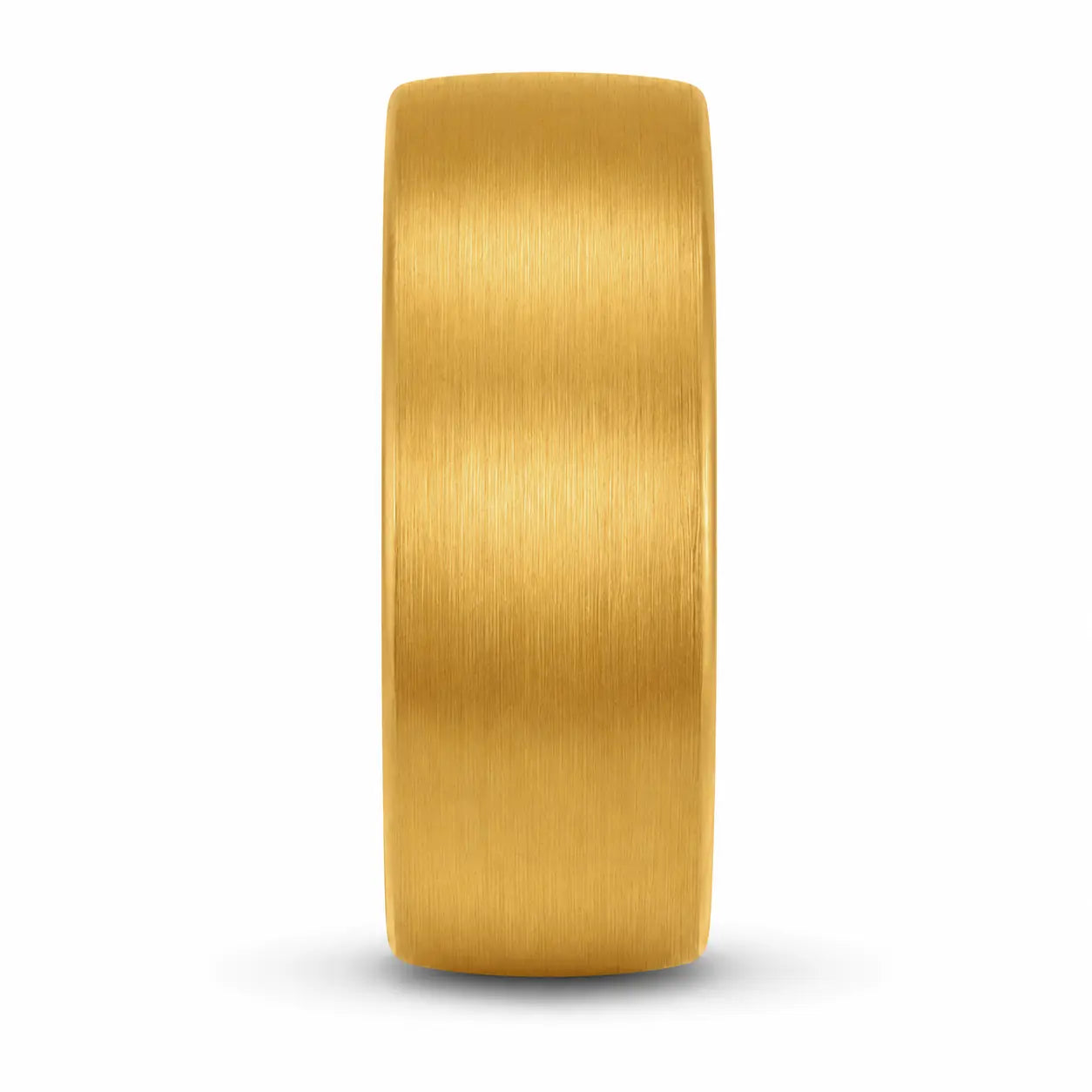 Front view of a 8mm brushed gold tungsten wedding ring with rounded comfort fit profile