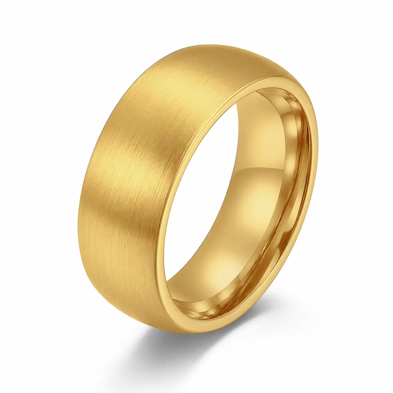 8mm brushed gold tungsten wedding ring with comfort fit profile on a white background