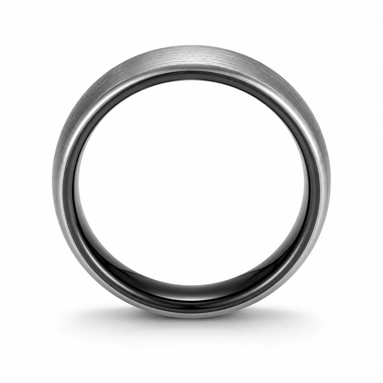Side view of an 8mm brushed silver tungsten wedding ring with polished black inner band on a white background