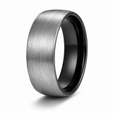 8mm brushed silver tungsten wedding ring with polished black inner band on a white background