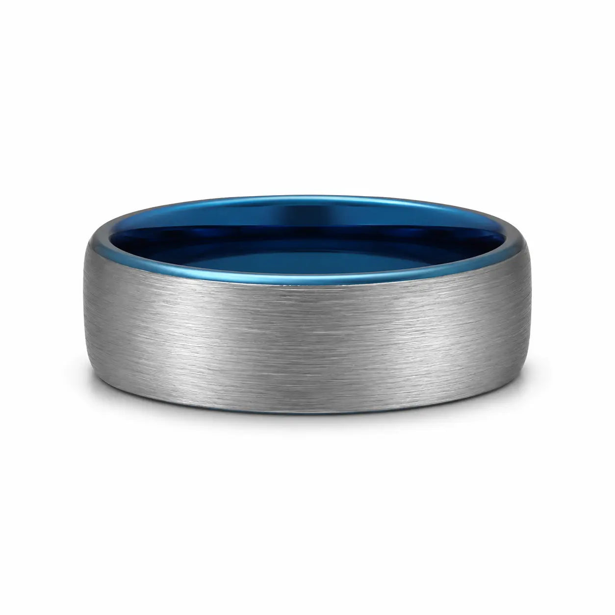 Brushed silver 8mm tungsten wedding ring with polished blue inner band lying flat on a white studio background