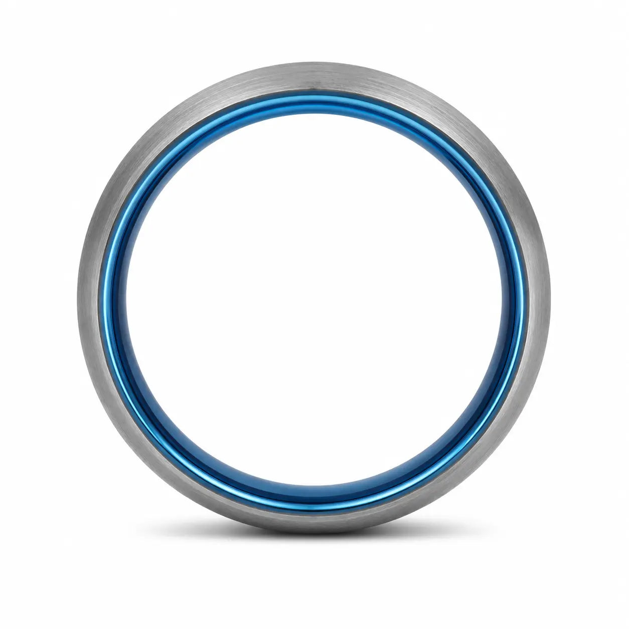Front view of an 8mm brushed silver tungsten wedding ring with polished blue inner band on a white background