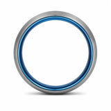 Front view of an 8mm brushed silver tungsten wedding ring with polished blue inner band on a white background