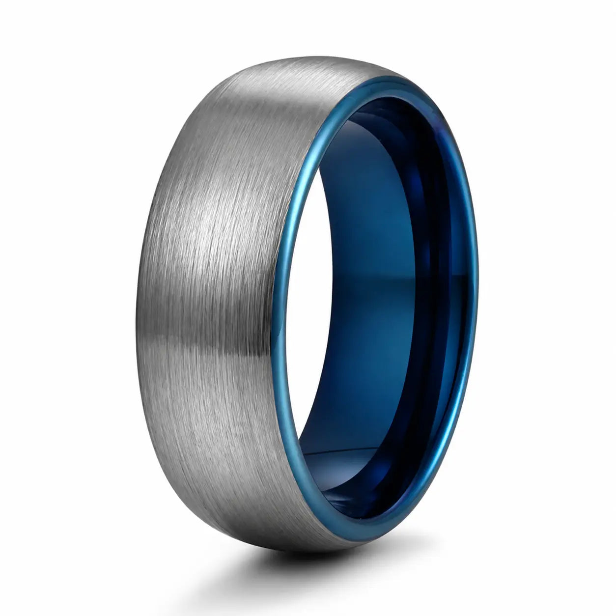 8mm brushed silver tungsten wedding ring with polished blue inner band on a white background