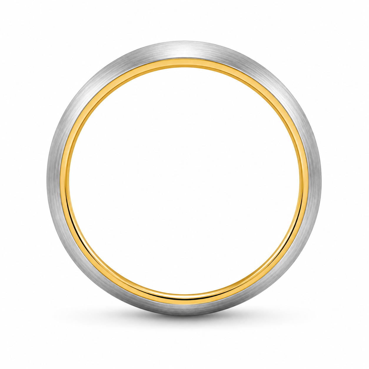 Front view of a brushed silver tungsten wedding ring with polished gold comfort-fit interior on a white background.
