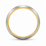 Front view of a brushed silver tungsten wedding ring with polished gold comfort-fit interior on a white background.