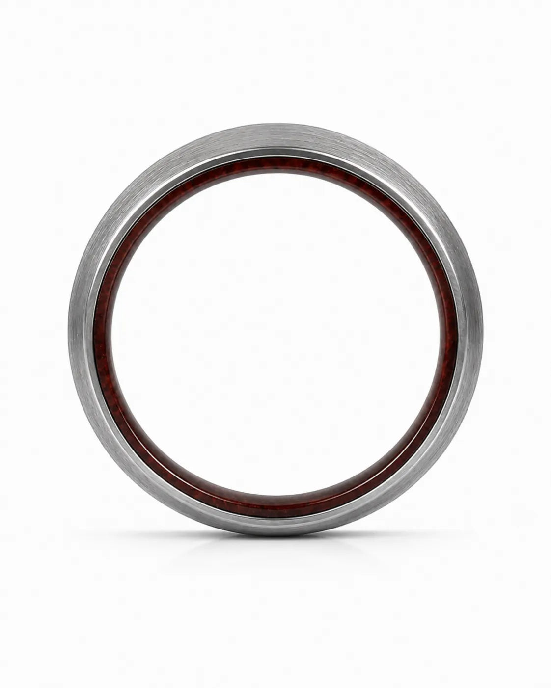 Side profile of a brushed silver tungsten wedding ring with a maple wood sleeve interior.