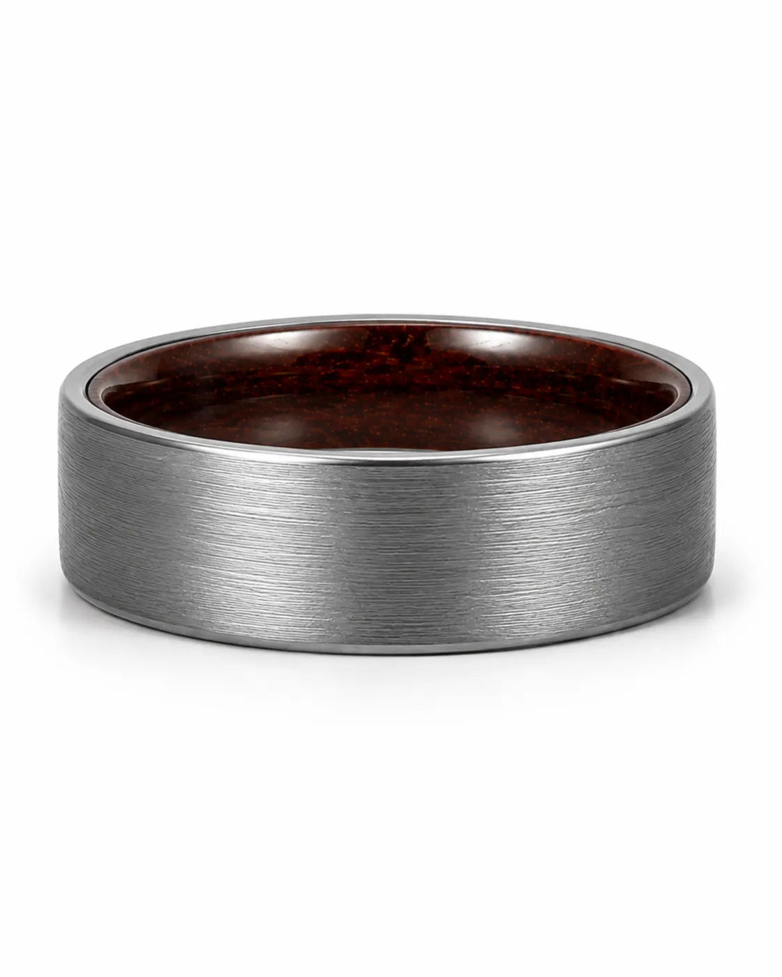 Low front view of a brushed silver tungsten wedding ring with a maple wood sleeve interior.